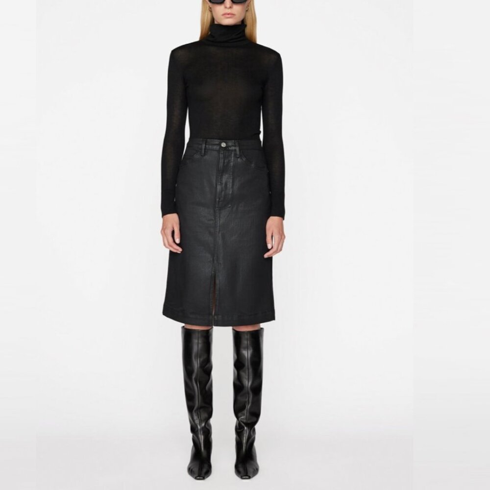 FRAME Coated Cotton-Blwns Split-Hem Midi Skirt (Noir Coated Black) - Picture 6 of 16